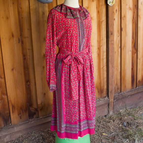 Vintage I. Magnin 100% Silk Fuchsia Long Sleeve Floral Boho Midi Dress Size L - Picture 11 of 17